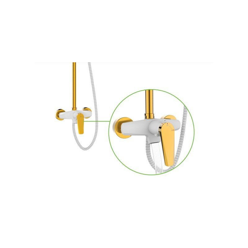 Kolumna natryskowa RUBIO, biało-złota, z deszczownią i wylewką, antykamień, 8 lat gwarancji