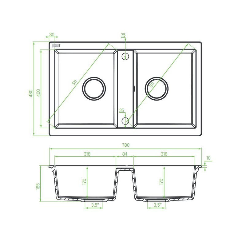 Stylowy Zlewozmywak Granitowy BARBADOS 2-komorowy + Bateria, Czarny 44x78 cm