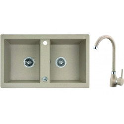 Granitowy zlewozmywak 2-komorowy 44x78 cm BARBADOS Beige + stylowa bateria SBBA420T