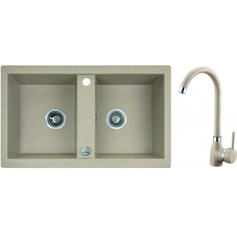 Granitowy zlewozmywak 2-komorowy 44x78 cm BARBADOS Beige + stylowa bateria SBBA420T