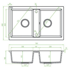 Granitowy zlewozmywak 2-komorowy 44x78 cm BARBADOS Beige + stylowa bateria SBBA420T