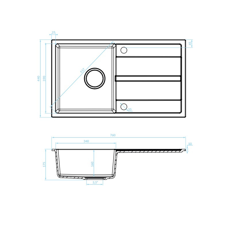 Stylowy Zlewozmywak Granitowy Viti Premium z Ociekaczem i Syfonem Compact - Szary Elegance