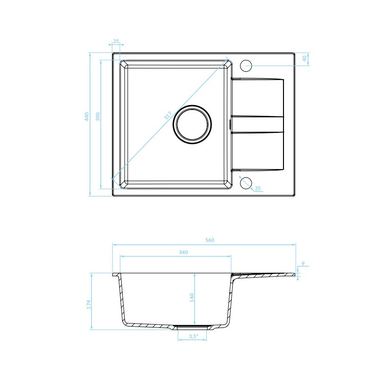 Laut Zlewozmywak Granitowy 1-Komorowy z Półociekaczem, Odporny na Wszystko, Czarny Elegancja