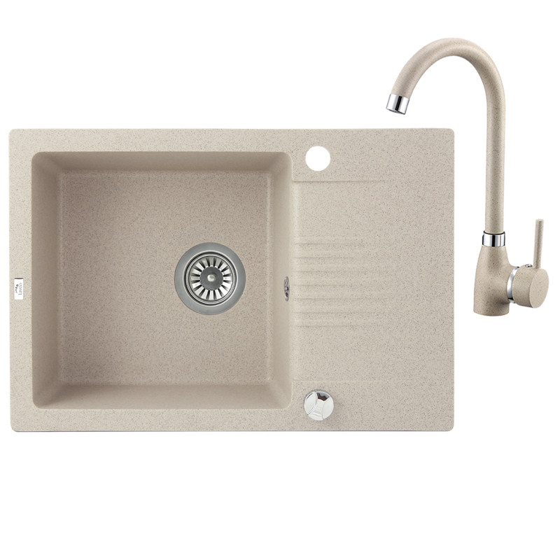 Celia Lux - Elegancki zlewozmywak 1-komorowy z półociekaczem i baterią granitową U