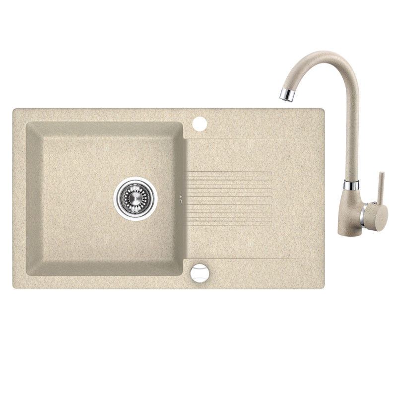 Celia Beige - Elegancki Zlewozmywak Granitowy 1-Komorowy z Baterią i Ociekaczem