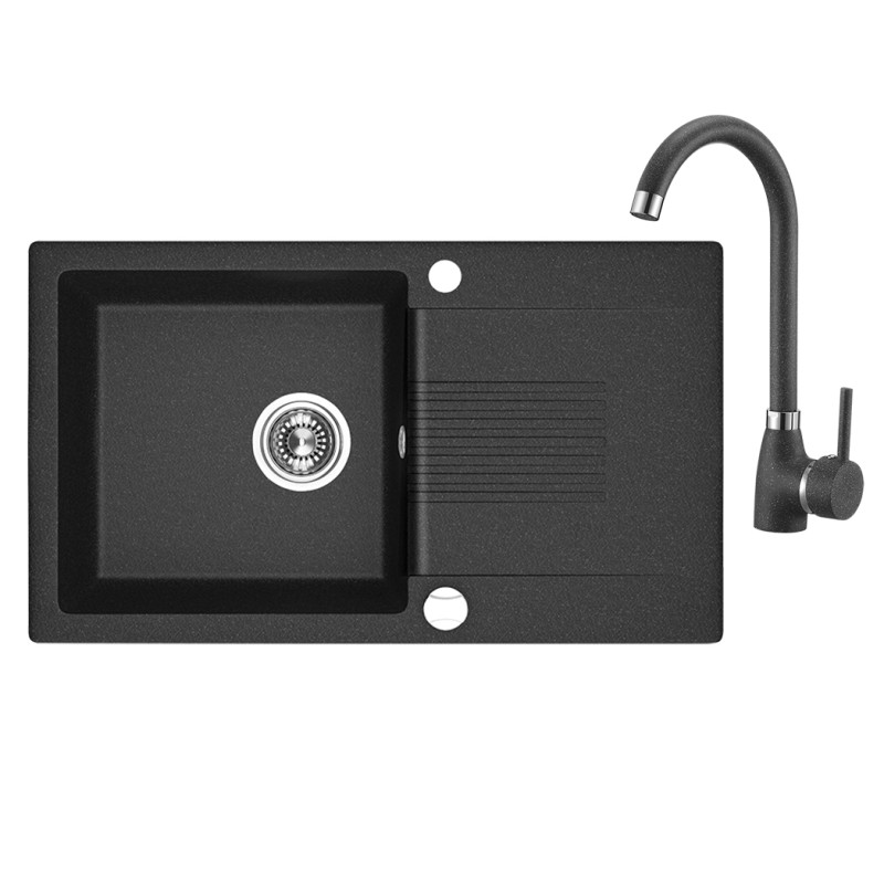 Zlewozmywak Celia Black Granite 1K z Ociekaczem i Baterią, Wytrzymałość i Styl w Twojej Kuchni