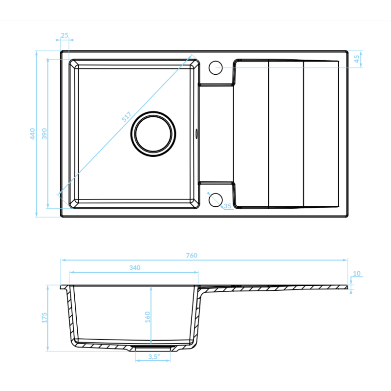Kuchinox Rab zlewozmywak granitowy szare 440x760 1-komorowy