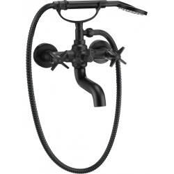 Stylowa czarna bateria wannowa Temisto z eleganckim zestawem prysznicowym