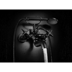 Stylowa czarna bateria wannowa Temisto z eleganckim zestawem prysznicowym