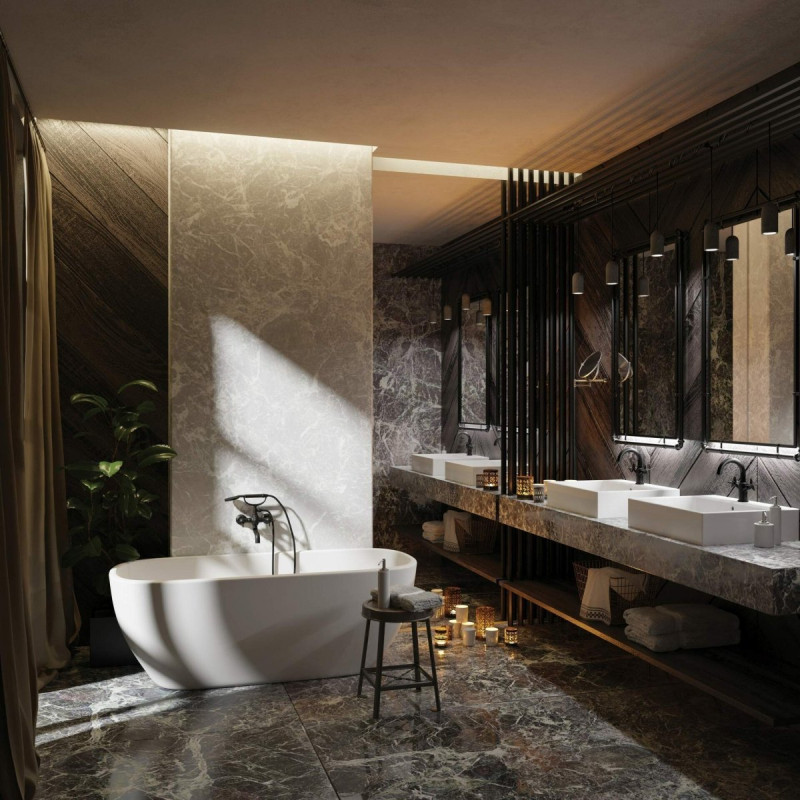 Stylowa czarna bateria wannowa Temisto z eleganckim zestawem prysznicowym