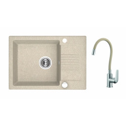 Elegancki zlewozmywak granitowy CELIA + bateria Elza beżowa 44 x 65 cm, 1-komora