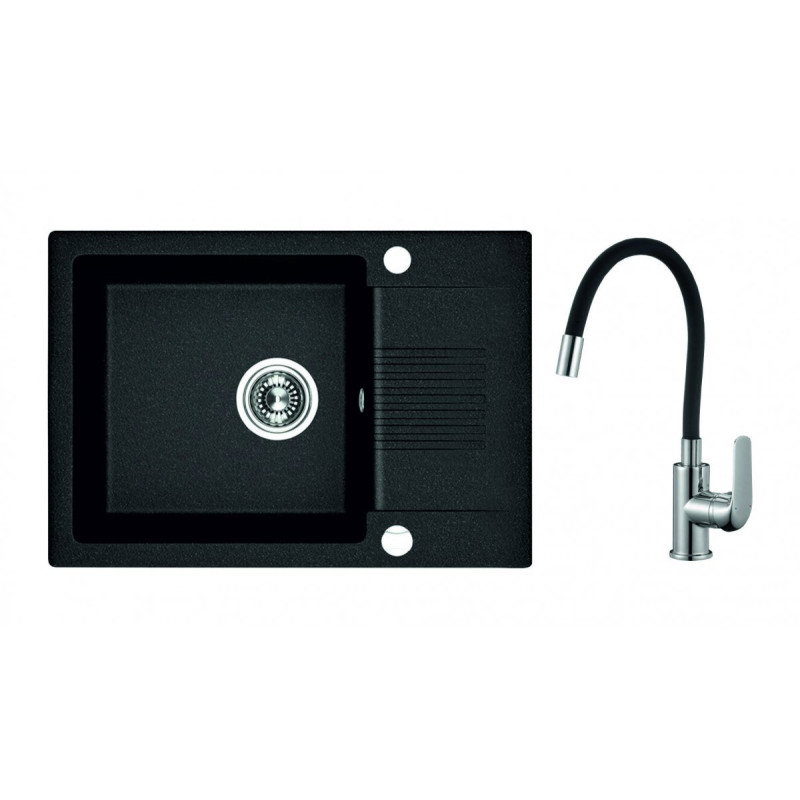 Czarny Zlewozmywak Granitowy CELIA 44x65 cm + bateria Elza - Elegancja i Funkcjonalność!