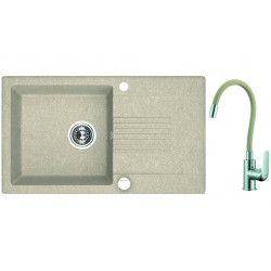 Granitowy Zlewozmywak beżowy CELIA z Baterią Elza, 1-komorowy, 44x76 cm - Nowoczesna Elegancja
