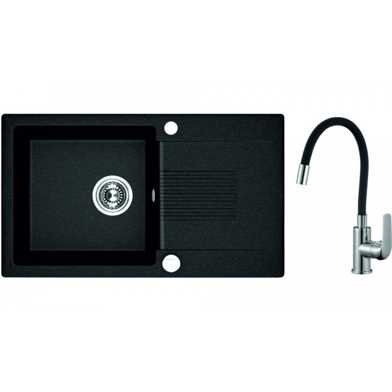 Czarny Zlewozmywak CELIA 1-komorowy 44x76 cm z Baterią Elza - Nowoczesność w Twojej Kuchni!