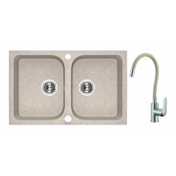 Stylowy zlewozmywak granitowy Celia + bateria Elza, beżowy, 48x76 cm, 2 komory, kod SJCE420T