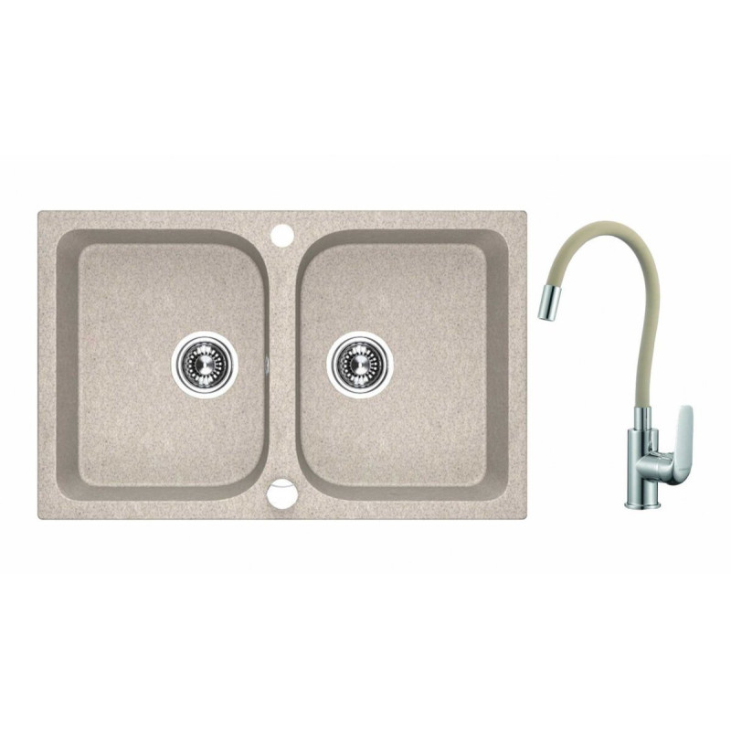 Stylowy zlewozmywak granitowy Celia + bateria Elza, beżowy, 48x76 cm, 2 komory, kod SJCE420T