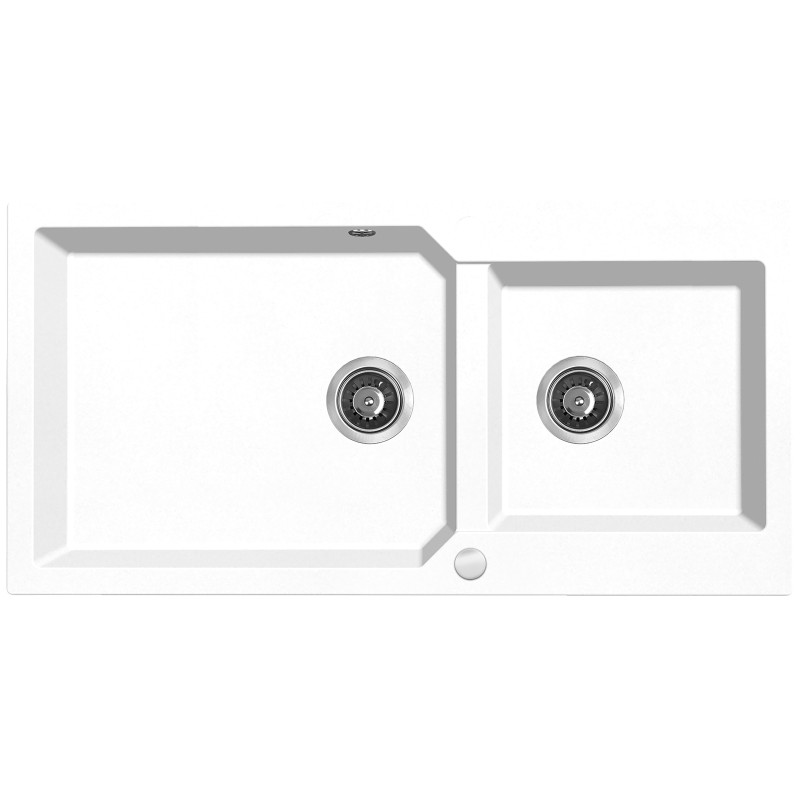 Zlewozmywak Milos 2-komory Biały z Syfonem i Automatycznym Zamknięciem - Elegancja i Oszczędność