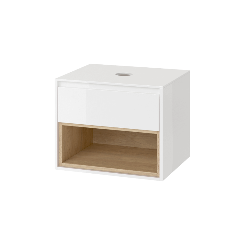 Tuto szafka wisząca 60 cm podumywalkowa  z blatem, biały połysk/dąb