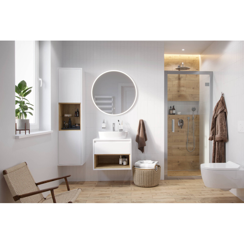 Tuto szafka wisząca 60 cm podumywalkowa  z blatem, biały połysk/dąb