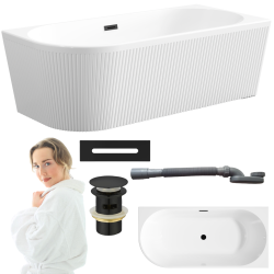 Ekskluzywna WANNA GLAMOUR 170cm wolnostojąca, ryflowana, czarny syfon, przyścienna prawa