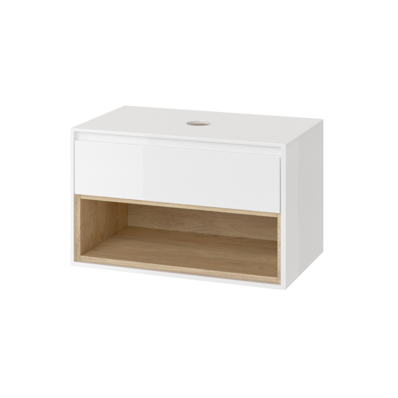 Tuto szafka wisząca 80 cm podumywalkowa  z blatem, biały połysk/dąb