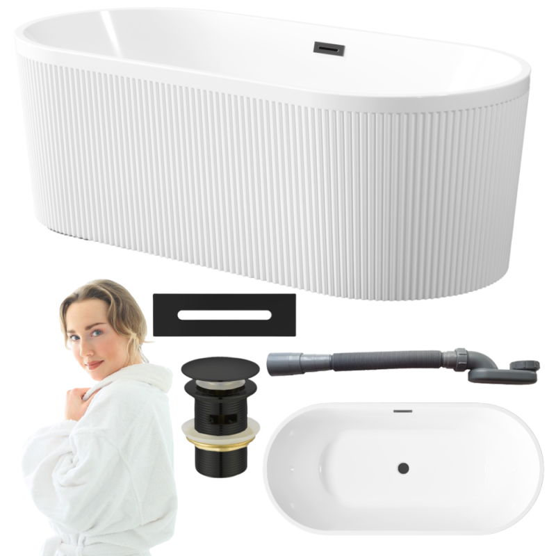 Ekskluzywna wanna wolnostojąca INVENA GLAMOUR 170cm biała z czarnym syfonem