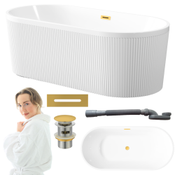 Ekskluzywna wanna wolnostojąca INVENA GLAMOUR 170 cm z ryflowaniem i złotym odpływem