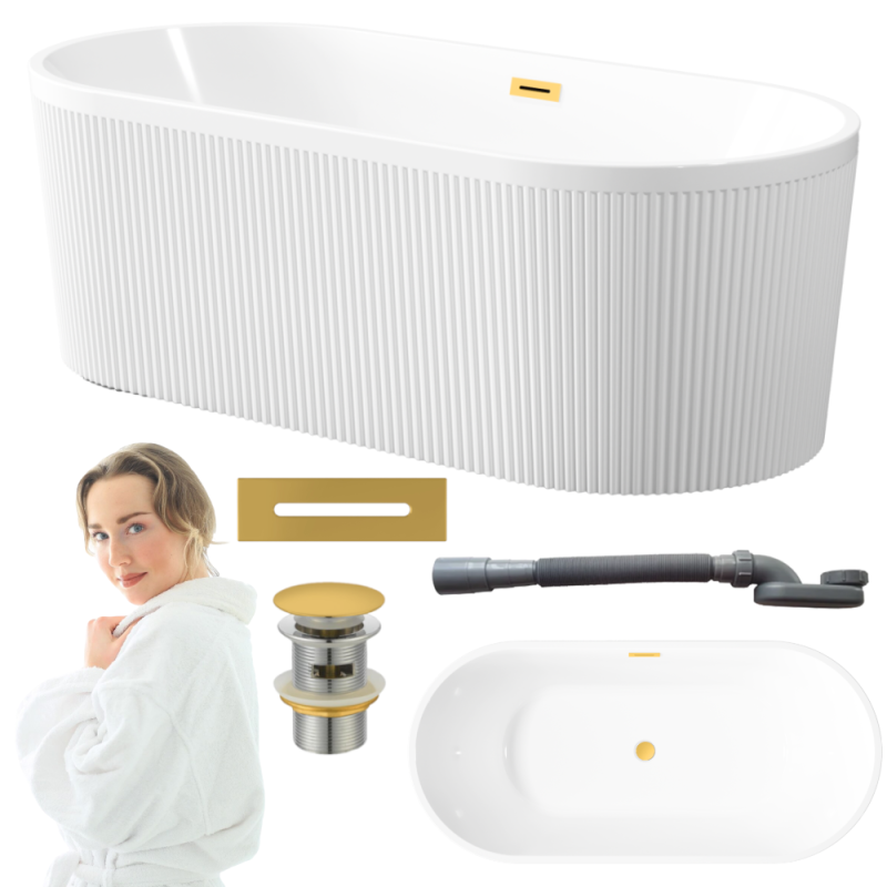 Ekskluzywna wanna wolnostojąca INVENA GLAMOUR 170 cm z ryflowaniem i złotym odpływem