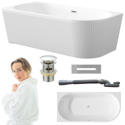 Ekskluzywna Wanna Wolnostojąca GLAMOUR 170 cm, Ryflowana Przyścienna z Syfonem Chromowanym