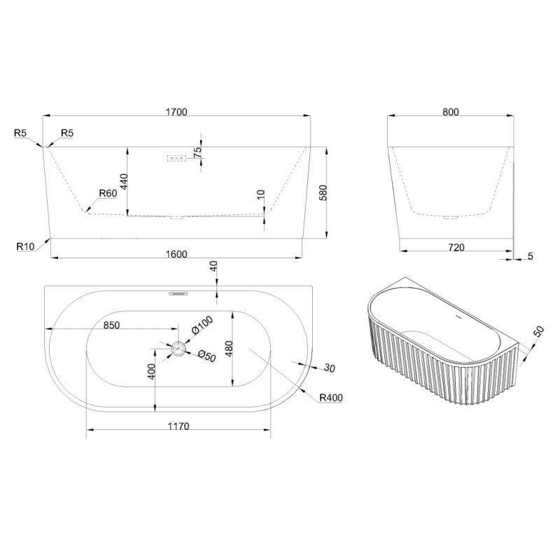 Elegancka Wanna Przyścienna INVENA GLAMOUR 170cm z Syfonem Chromowanym