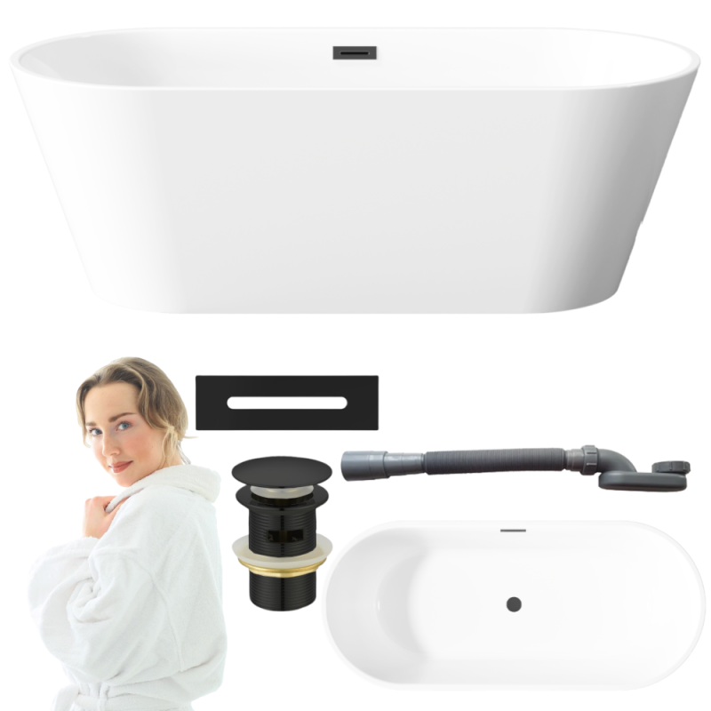 Stylowa Wanna Wolnostojąca INVENA GLAMOUR 170 cm z Czarnym Syfonem - Nowoczesny Design