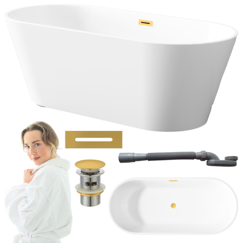 Luksusowa Wanna Invena Glamour 170 cm z Złotym Syfonem - Elegancja w Twojej Łazience!