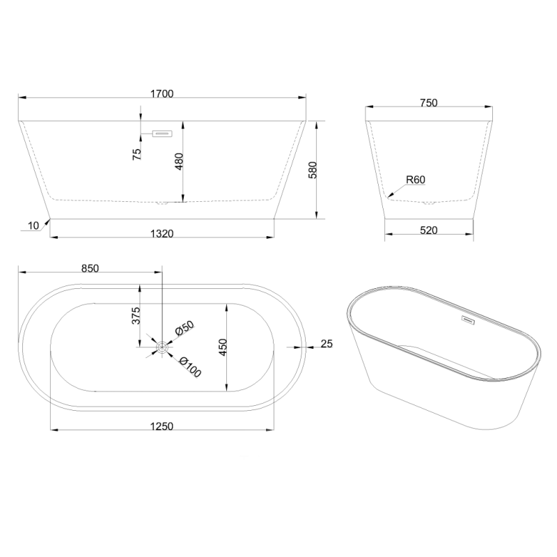 Luksusowa Wanna Invena Glamour 170 cm z Złotym Syfonem - Elegancja w Twojej Łazience!
