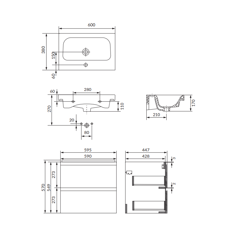 Elegancki Zestaw Szafka z Umywalką MODUO 60 w Antracytowym Wykończeniu