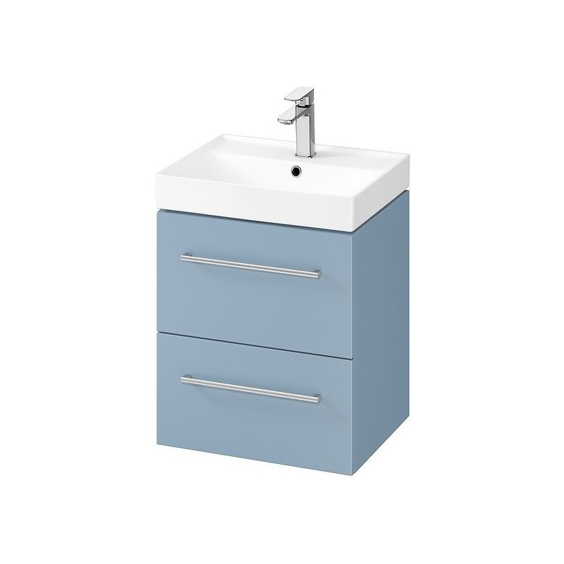Nowoczesna szafka w kolorze niebieskim LARGA 50 z chromowanymi uchwytami i umywalką