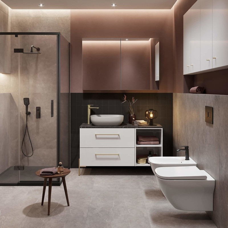 Elegancka Szafka Łazienkowa 80cm z Białą Umywalką i Złotym Uchwytrem - Styl i Funkcjonalność!