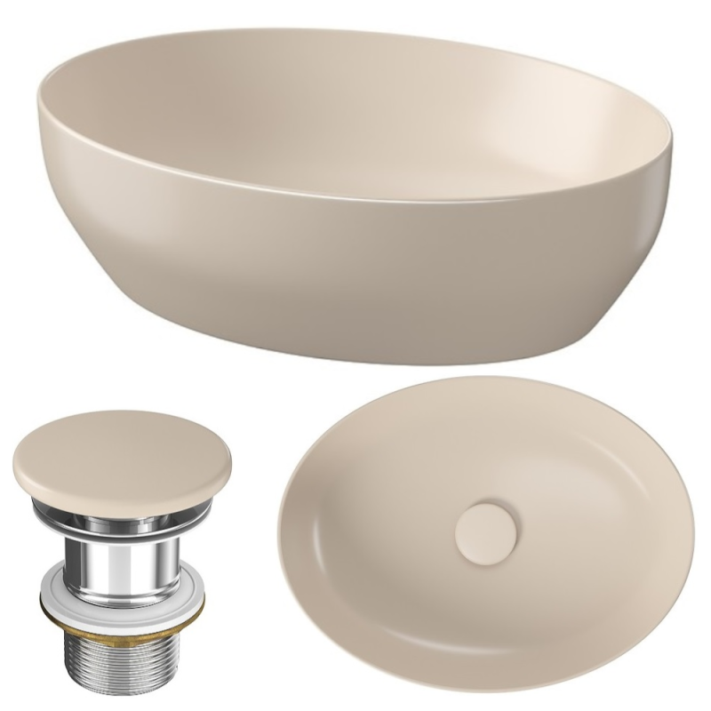 Stylowa umywalka nablatowa Larga 50x38 cm − beżowy mat z korkiem gratis!