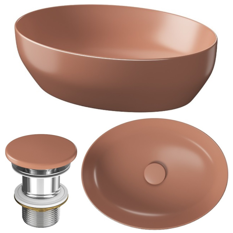 Elegancka umywalka Larga elipsa 50x38 cm w ceglastym macie + korek w zestawie