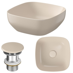 Stylowa Umywalka Nablatowa Larga Beige 38x38 cm z Matowym Wykończeniem + Korek