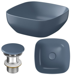 Ceramiczna umywalka nablatowa Larga kwadrat 38x38 cm, matowy niebieski + korek w zestawie
