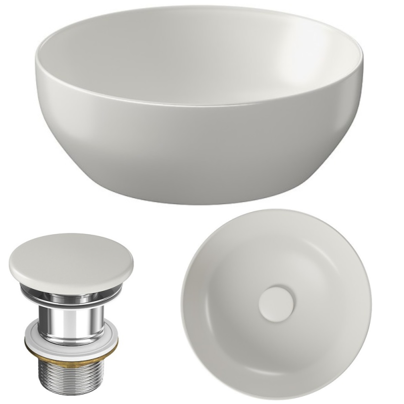 Ceramiczna umywalka nablatowa Larga 40 cm, jasnoszary mat, z korkiem - elegancja i nowoczesność