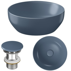 Elegancka niebieska umywalka ceramiczna Larga 40 cm z korkiem, matowe wykończenie