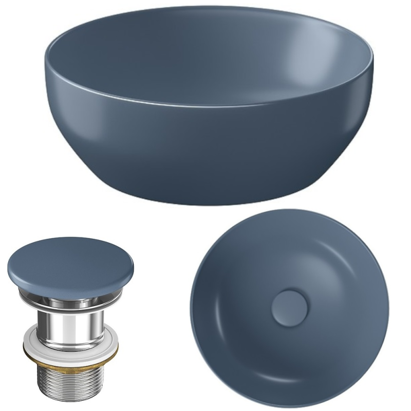 Elegancka niebieska umywalka ceramiczna Larga 40 cm z korkiem, matowe wykończenie