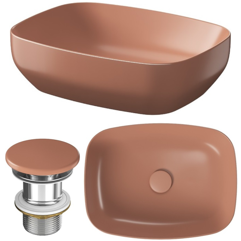 Elegancka Larga: Nablatowa Umywalka 50x38 cm Ceglasty Mat z Korkiem