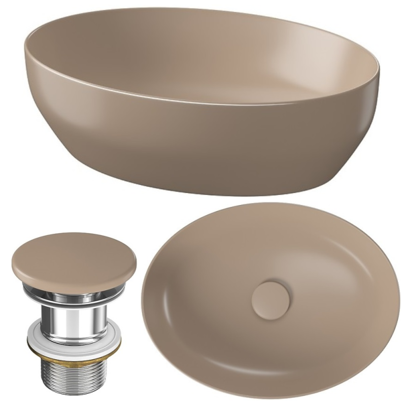 Elegancja i Styl: Umywalka Nablatowa Larga Elipsa 50x38 cm Brązowy Mat + Korek