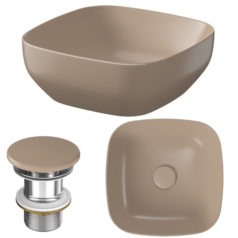 Stylowa umywalka nablatowa Larga 38x38 cm w brązowym macie z korkiem – Wybierz elegancję!