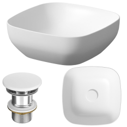 Elegancka Umywalka Larga 38x38 cm – Biały Mat z Korkiem, Nowoczesna i Stylowa.