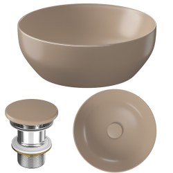 Ceramiczna umywalka nablatowa Larga 40cm, okrągła, brązowy mat z korkiem - Styl i Elegancja