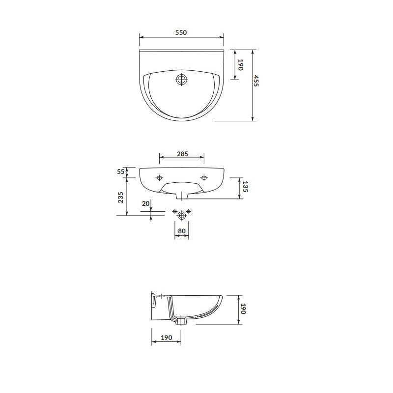 Elegancka umywalka ceramiczna President 55 cm bez otworu na baterie