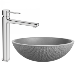 Elegancka Umywalka Granitowa Amber Szara z Chromowaną Baterią Glamour Wysoką